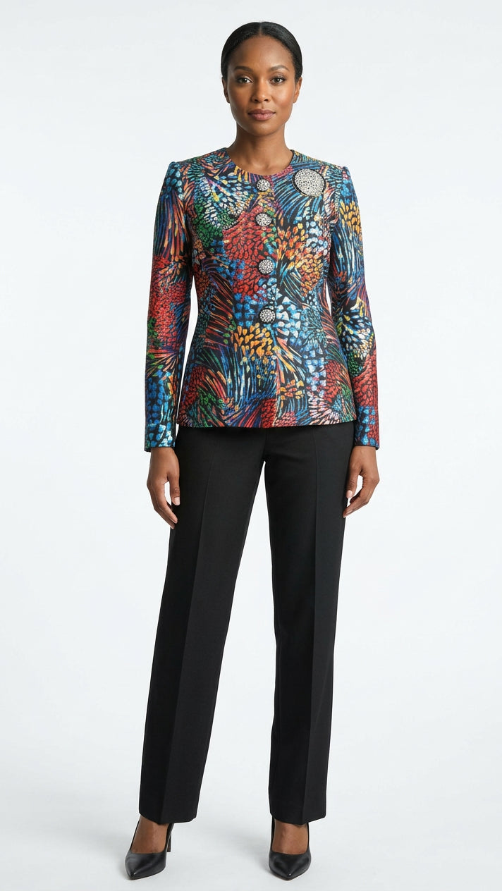 2-Piece Silky Twill Pant Suit w/ Rhinestone Buttons and Brooch 4820