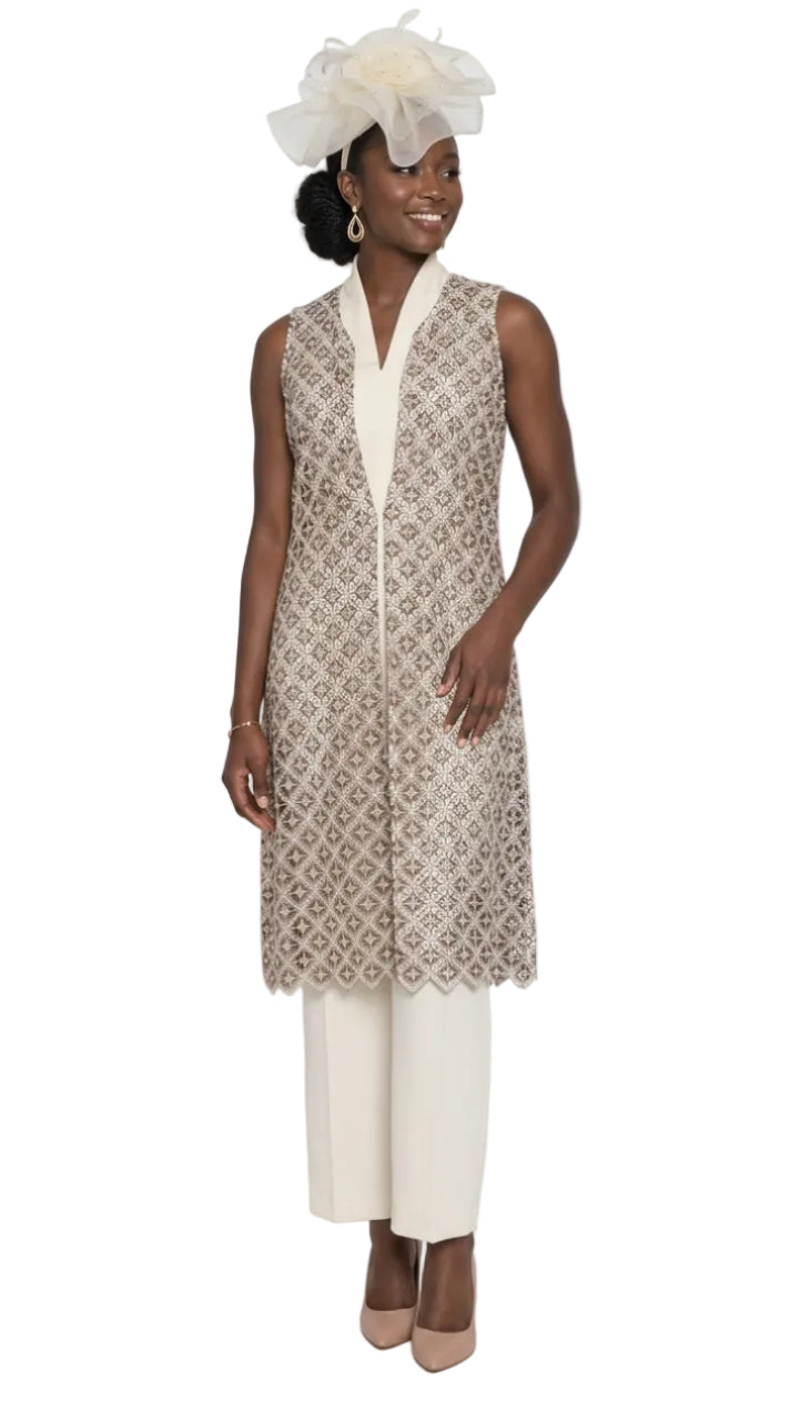 3-Piece French Crepe Pant Suit w/ Lace Vest Duster 5036