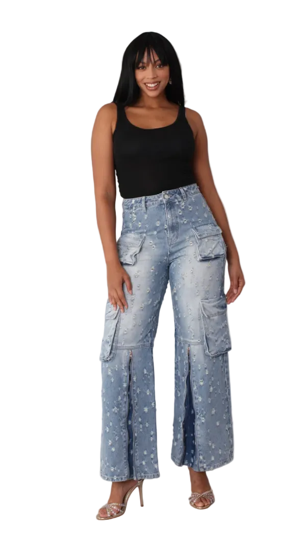 Distressed Denim Cargo Jeans -82385