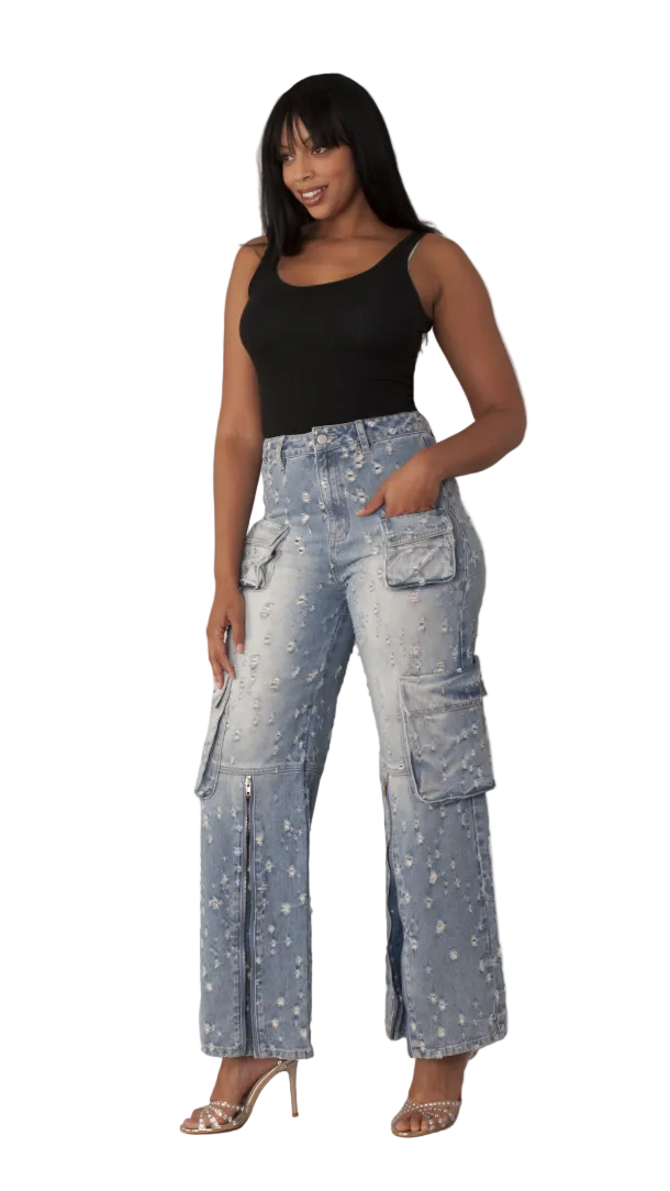 Distressed Denim Cargo Jeans -82385
