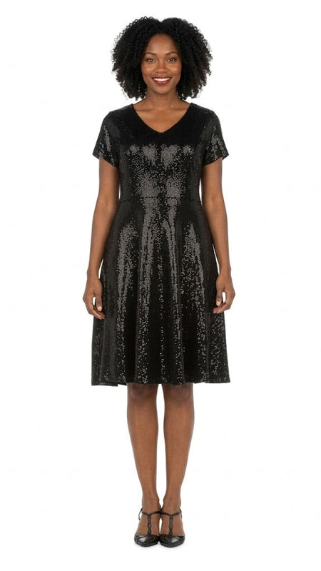 Short Sleeve V-neck Sequins A-line Dress - Plus