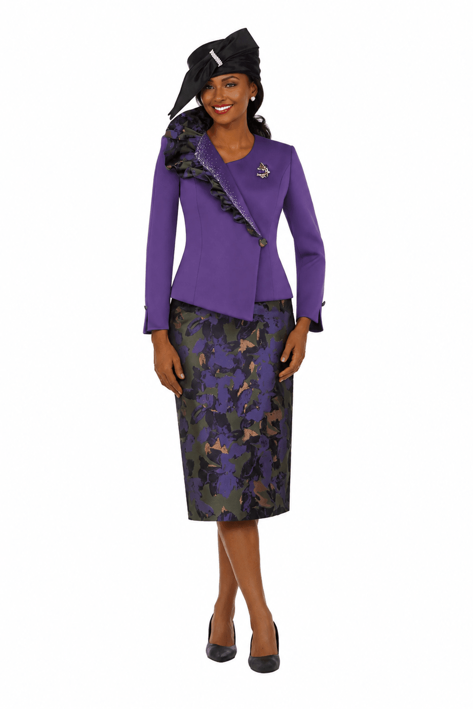 Purple Ruffle Jkt&Floral Brocade Skirt Suit-Plus - Especially Yours