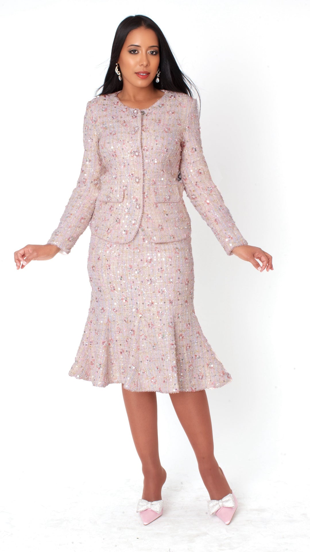 Embroidered Sequin Tweed Jacket & Skirt Set - 41072