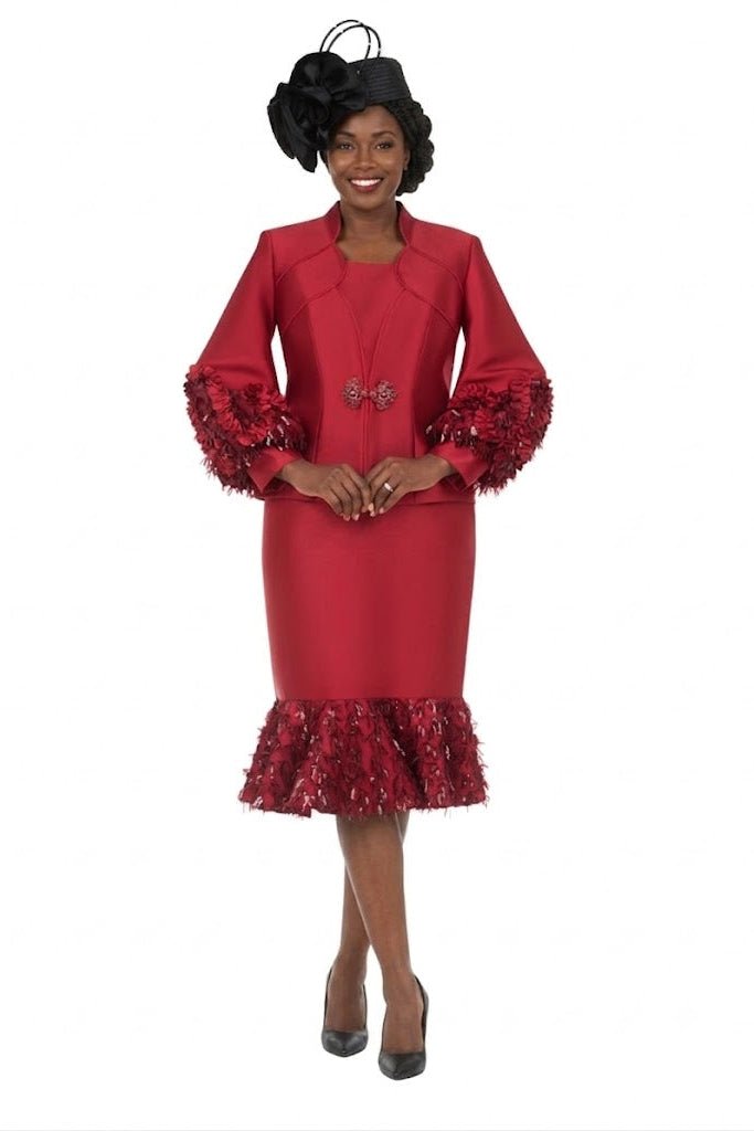 Cranberry Silky Twill Sequin-Fringe 3pc Skirt Suit - Especially Yours