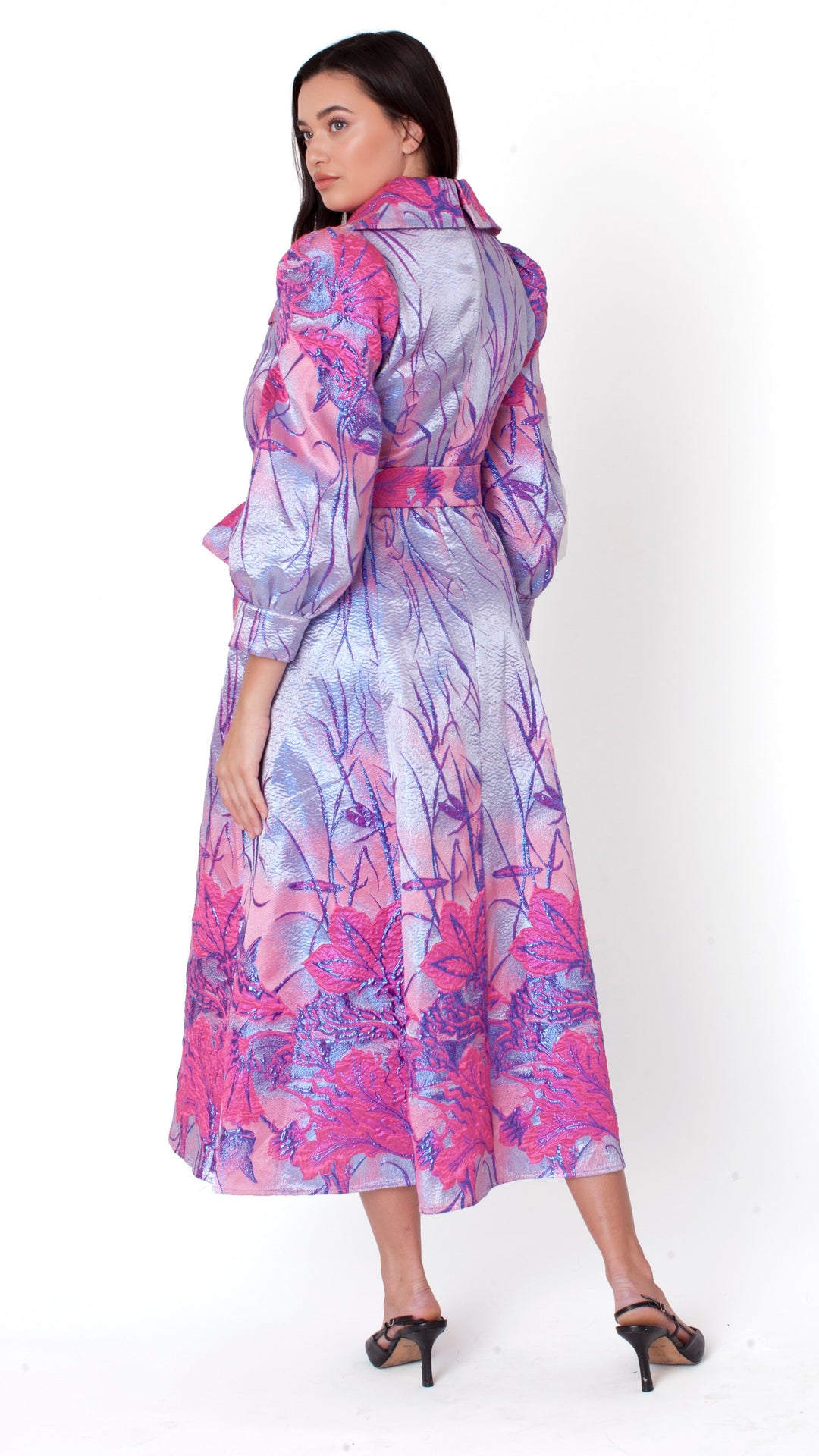 Floral Jacquard Belted Midi Dress - 9850