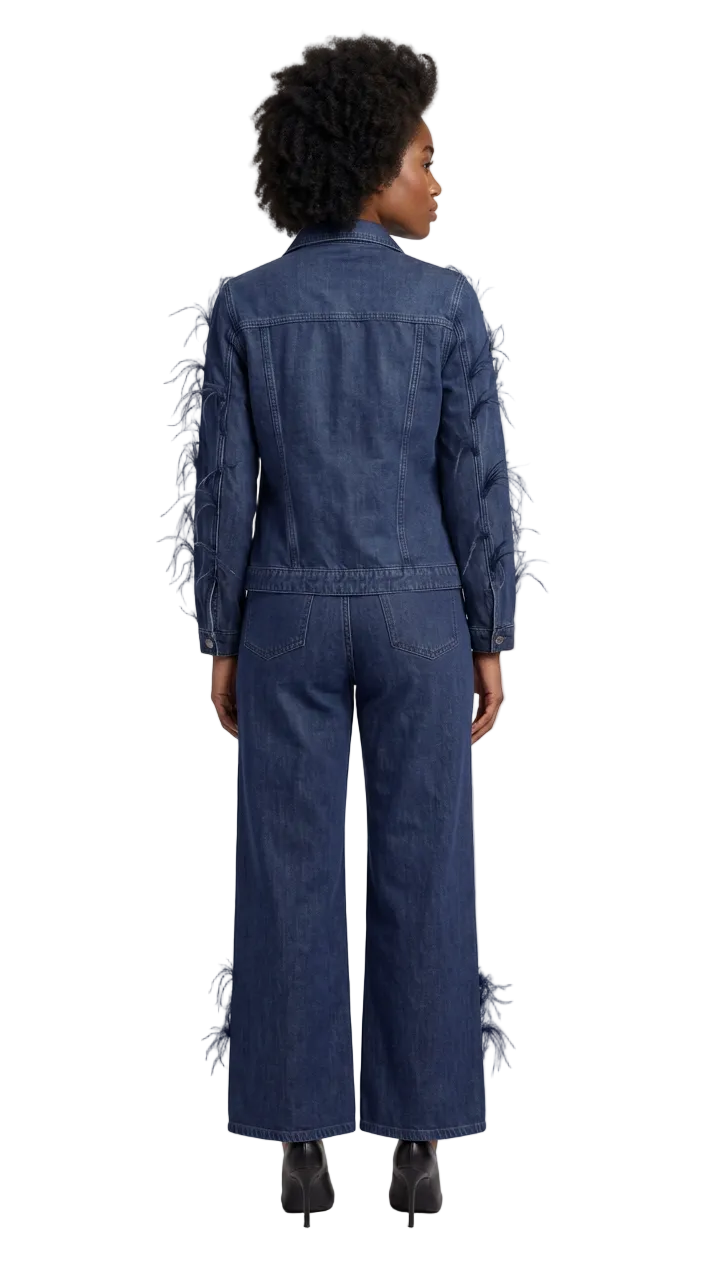 Feather Trim Denim Jacket - 82303