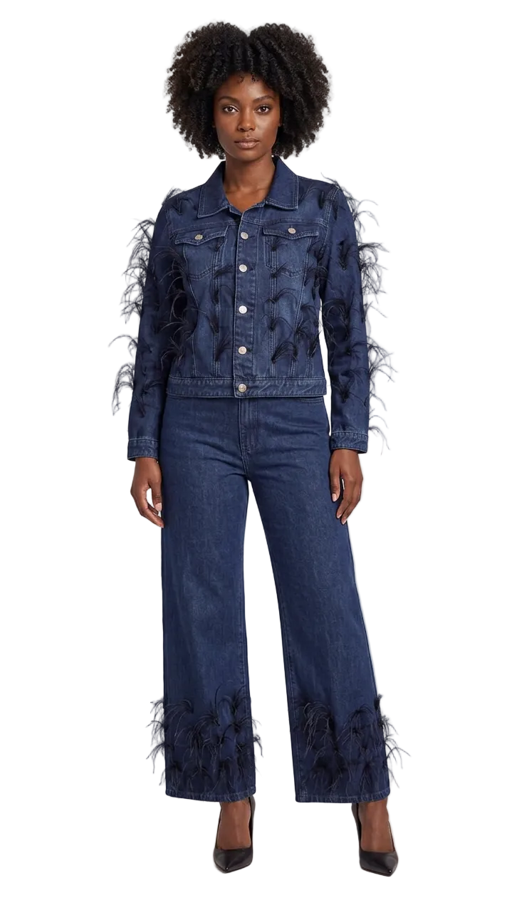 Feather Trim Denim Jacket - 82303