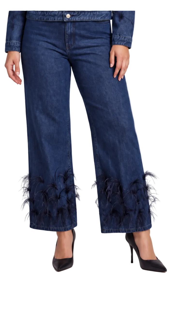 Feather Trim Wide Leg Jeans - 82304
