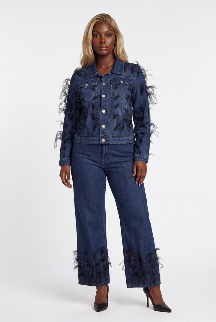 Feather Trim Wide Leg Jeans - 82304
