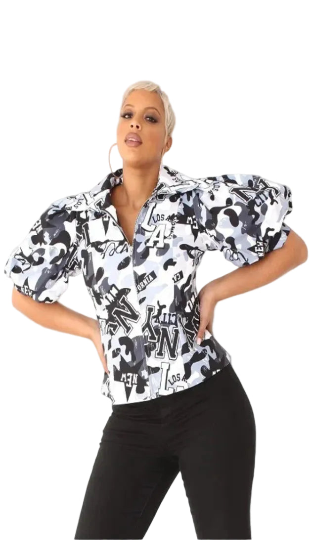 Graphic Print Puff Sleeve Blouse 81839 – Bold Statement Top