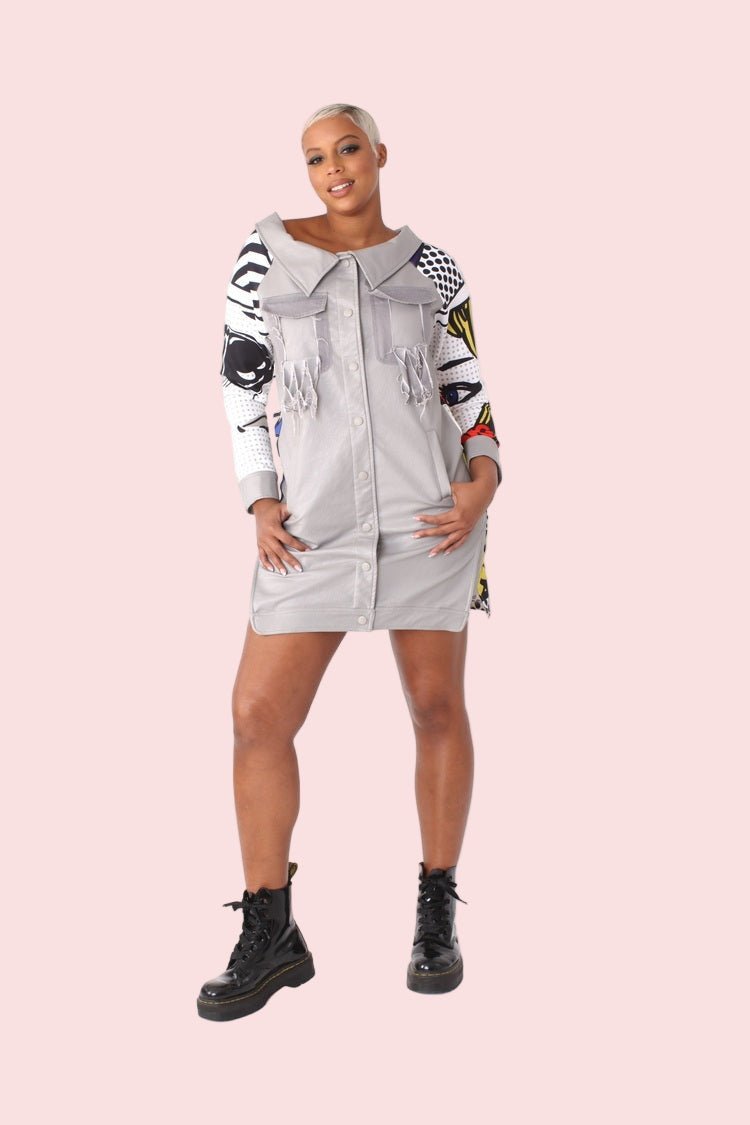 Leather and Printed Sleeve Long Jacket - 81845 - Especially Yours