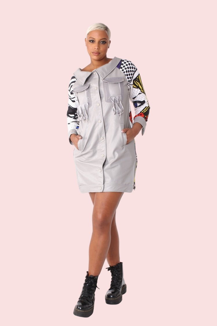 Leather and Printed Sleeve Long Jacket - 81845 - Especially Yours