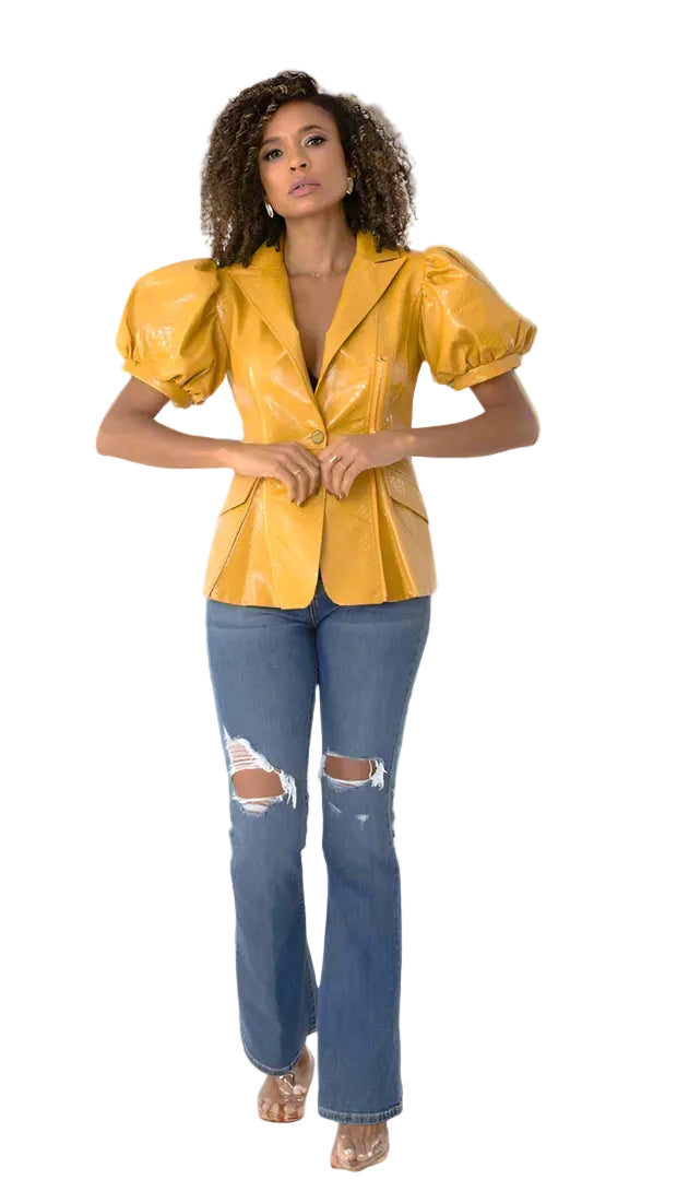 Leather Puff Sleeve Jacket 82029 – Chic Faux Leather Statement Jacket