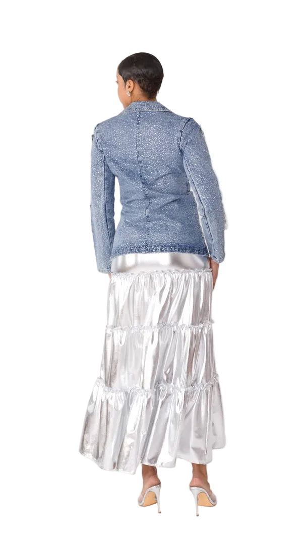 Silver Metallic Tiered Maxi Skirt -82477