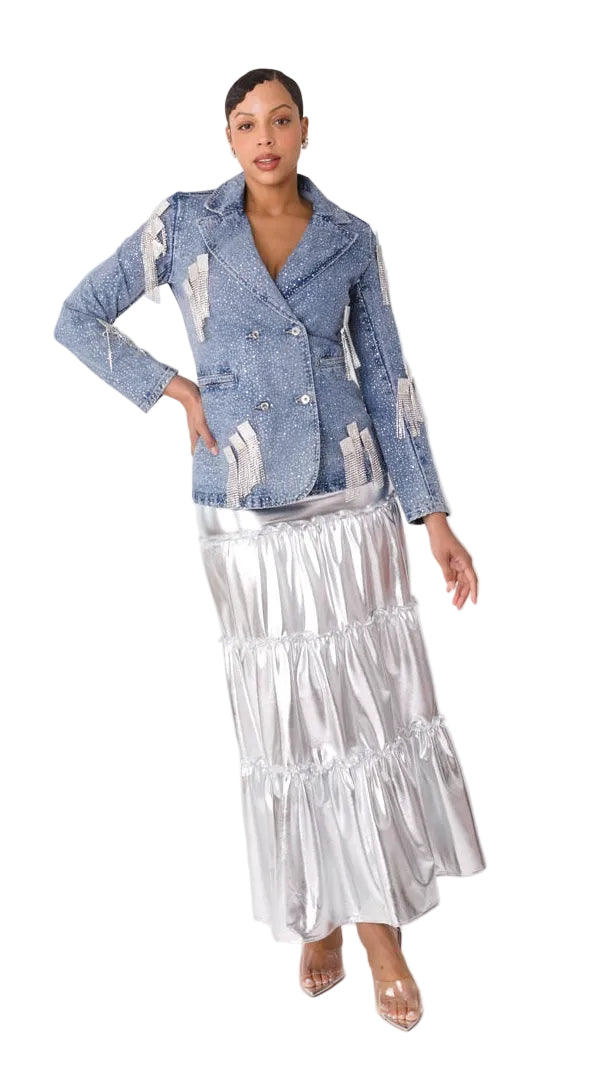 Silver Metallic Tiered Maxi Skirt -82477