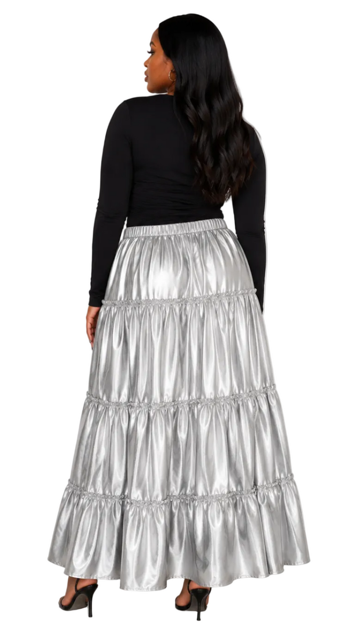 Silver Metallic Tiered Maxi Skirt -82477