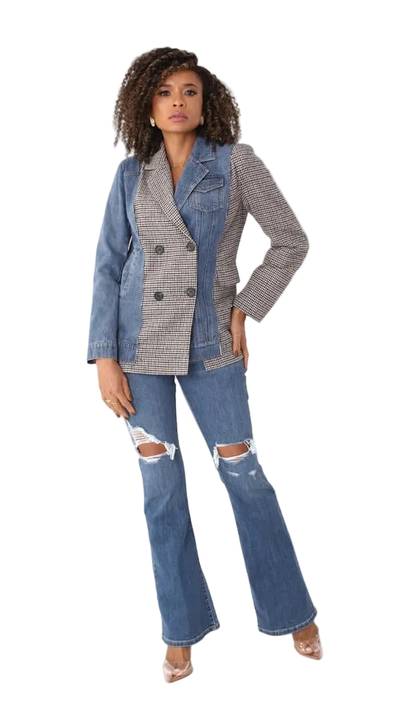 Mixed Media Denim and Houndstooth Blazer- 82012