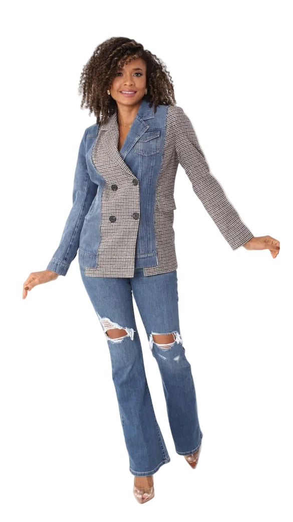 Mixed Media Denim and Houndstooth Blazer- 82012