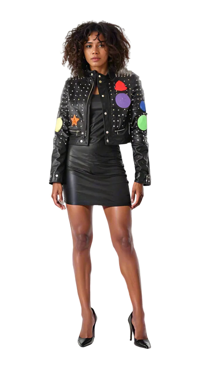 Multi Colored Studded Leather Jacket -81752