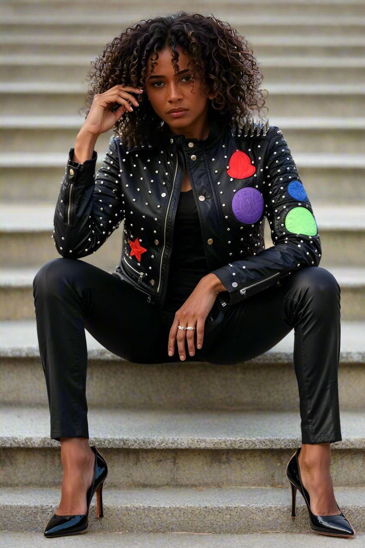 Multi Colored Studded Leather Jacket - 81752 - Especially Yours