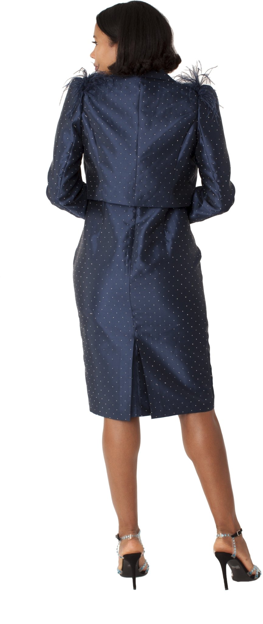 Navy Cocktail Dress and Jacket with Rhinestones & Feathered Shoulders - 9766 - Especially Yours