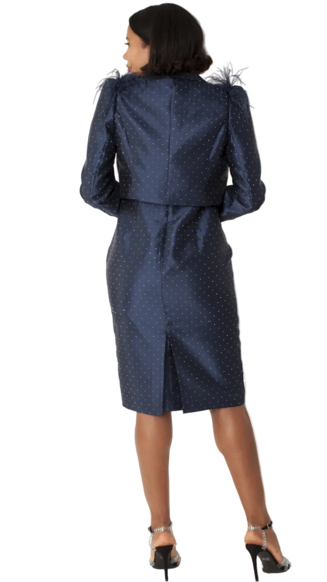 Cocktail Dress and Jacket with Rhinestones & Feathered Shoulders - 9766