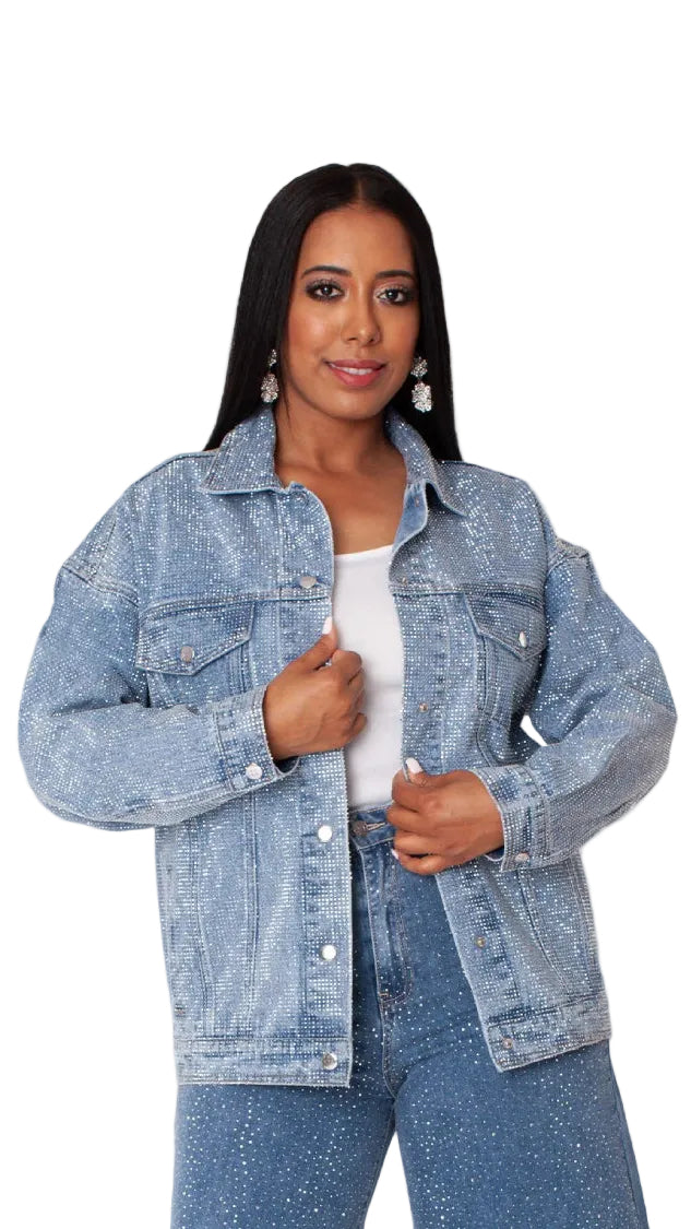 Oversized Rhinestone Denim Jacket -82820