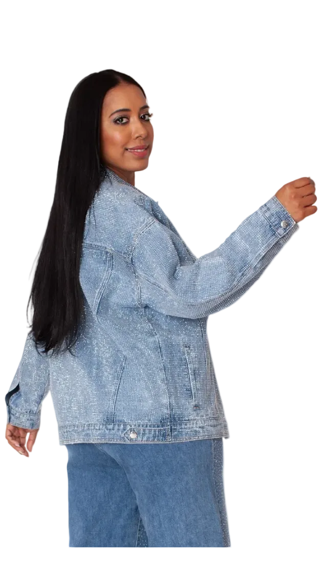 Oversized Rhinestone Denim Jacket -82820