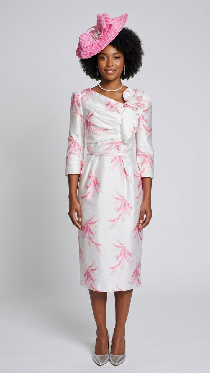 Light Brocade Dress w/ Rhinestone Flower Brooch 5032