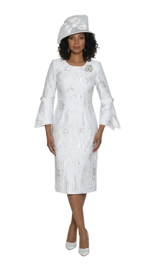 Light Jacquard Dress w/ Split Bell Sleeve & w/ Rhinestone Brooch 4872