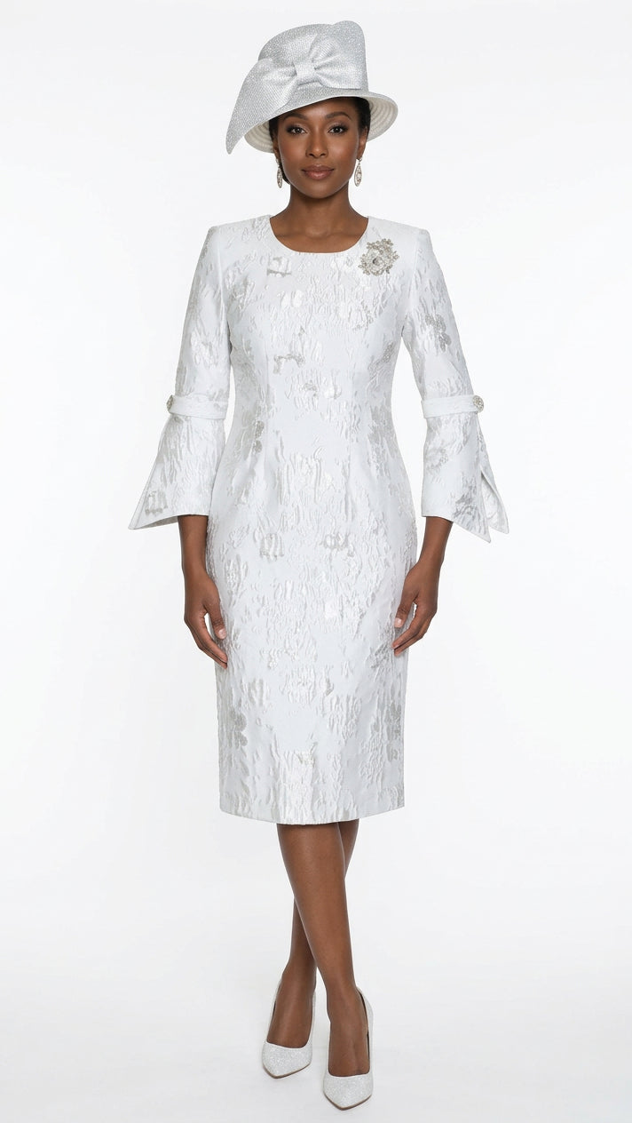 Light Jacquard Dress w/ Split Bell Sleeve & w/ Rhinestone Brooch 4872