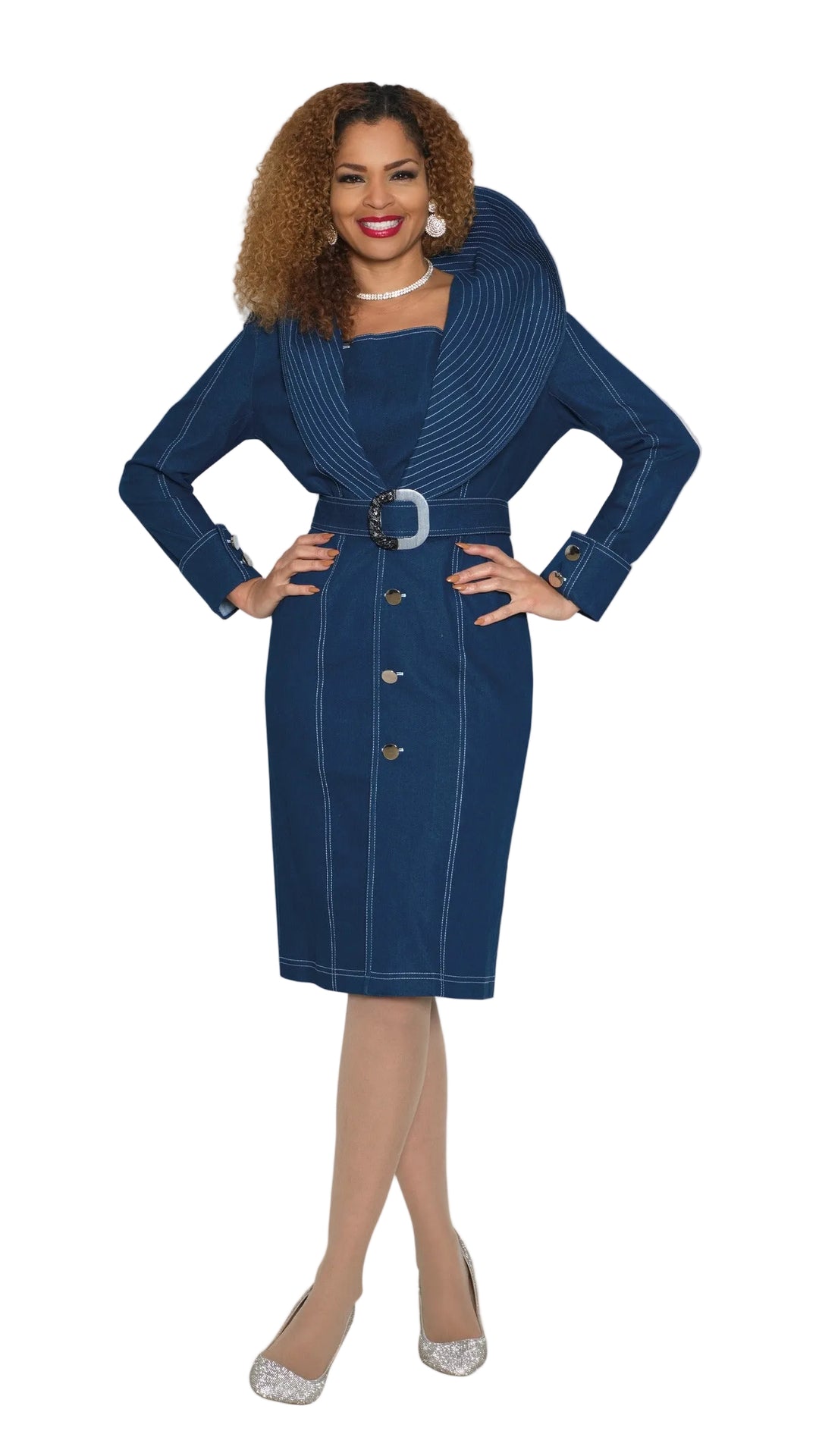 Stretch Denim Dress w/ Contrast Stitch On The Collar & Removable Belt 4988