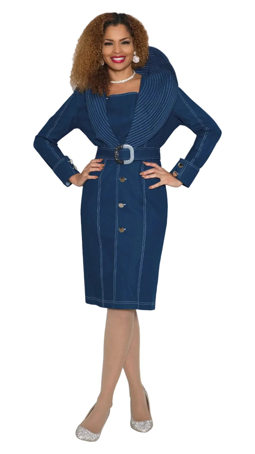Stretch Denim Dress w/ Contrast Stitch On The Collar & Removable Belt 4988