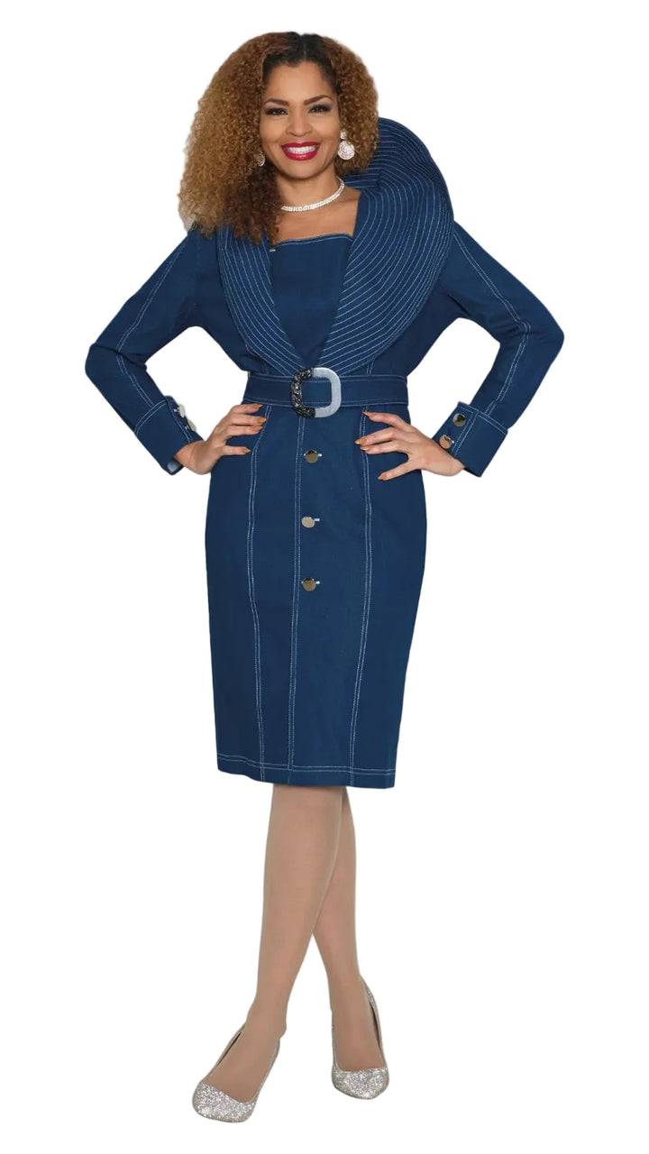 Stretch Denim Dress w/ Contrast Stitch On The Collar & Removable Belt 4988
