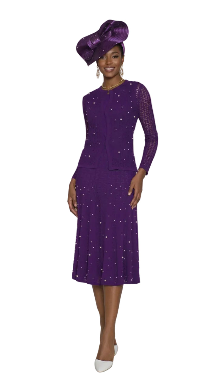 3-Piece Fine Crochet Knit Skirt Suit w/ Scattered Rhinestones 916