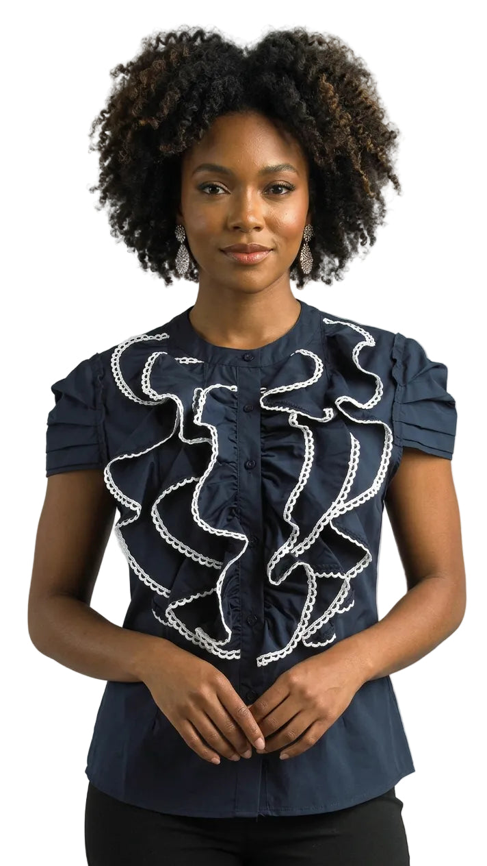 Cotton Blend Blouse Cap Sleeve w/ Contrast Lace Trimming S107