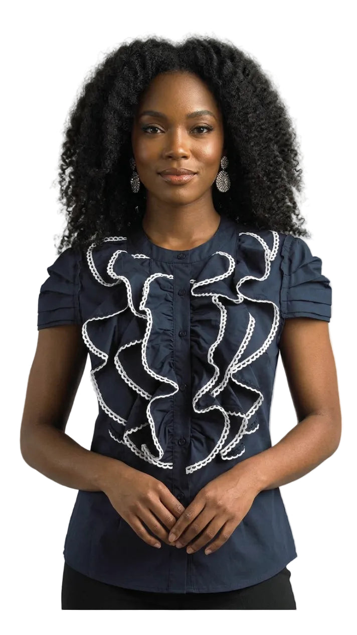 Cotton Blend Blouse Cap Sleeve w/ Contrast Lace Trimming S107