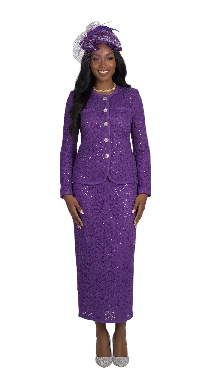 2-Piece Sequin Lace Skirt Suit w/ Rhinestone Buttons 5142