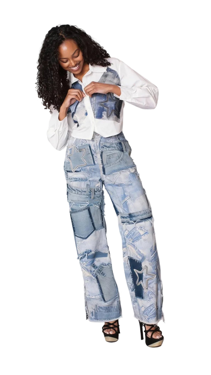 Patchwork Distressed Straight-Leg Denim Jeans - 82824