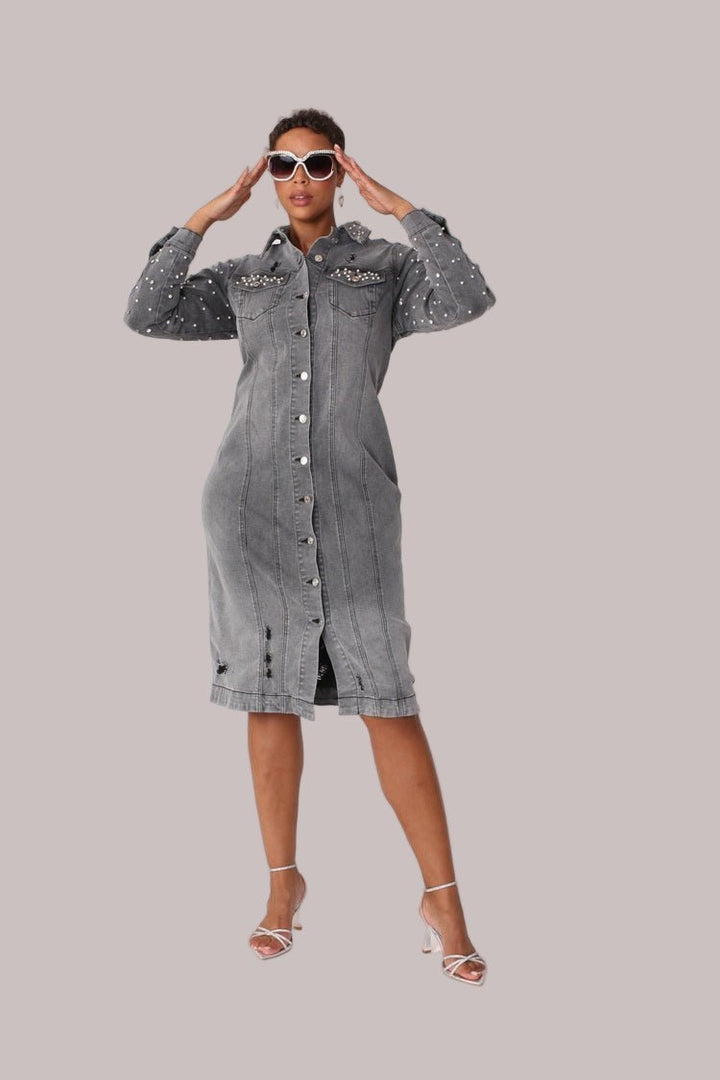 Pearl Embellished Grey Denim Midi Dress - 82681 - Especially Yours