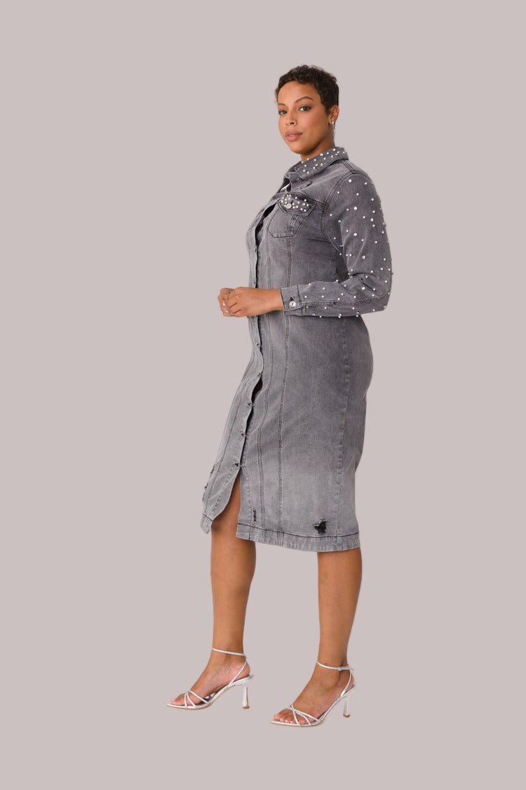 Pearl Embellished Grey Denim Midi Dress - 82681 - Especially Yours