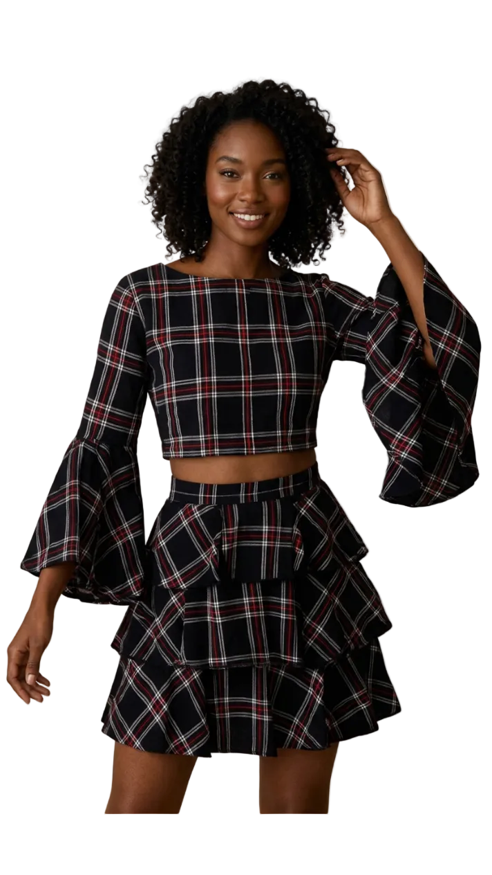 Plaid Bell Sleeve Top -8531