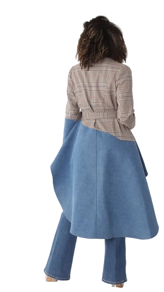 Plaid High-Low Blazer with Leather -82018
