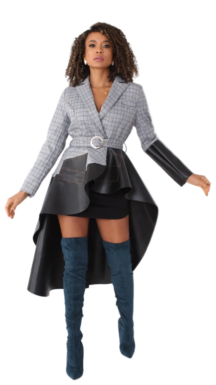 Plaid High-Low Blazer with Leather -82018
