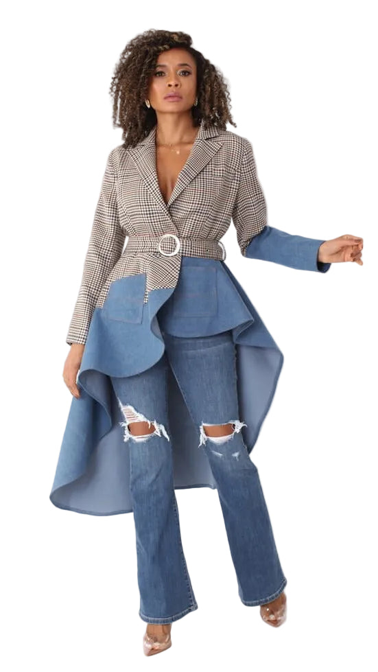 Plaid High-Low Blazer with Leather -82018
