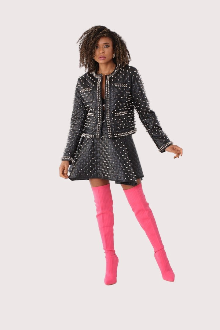 Pleather Quilted Flared Skirt with Studs - 81948 - Especially Yours