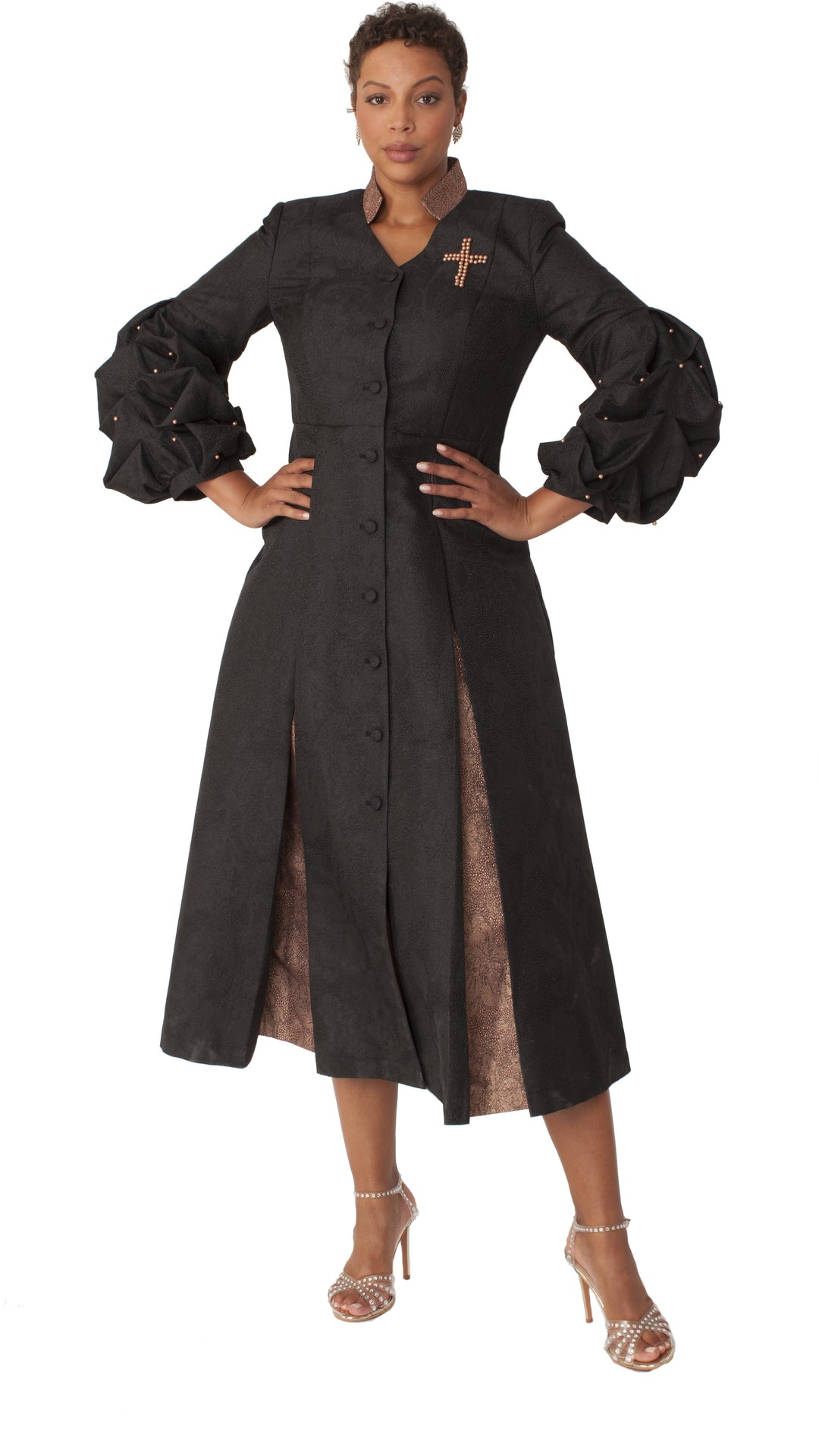 Plus Size Formal Church Coat Dress with Puff Sleeves and Pearl Cross – 4850W