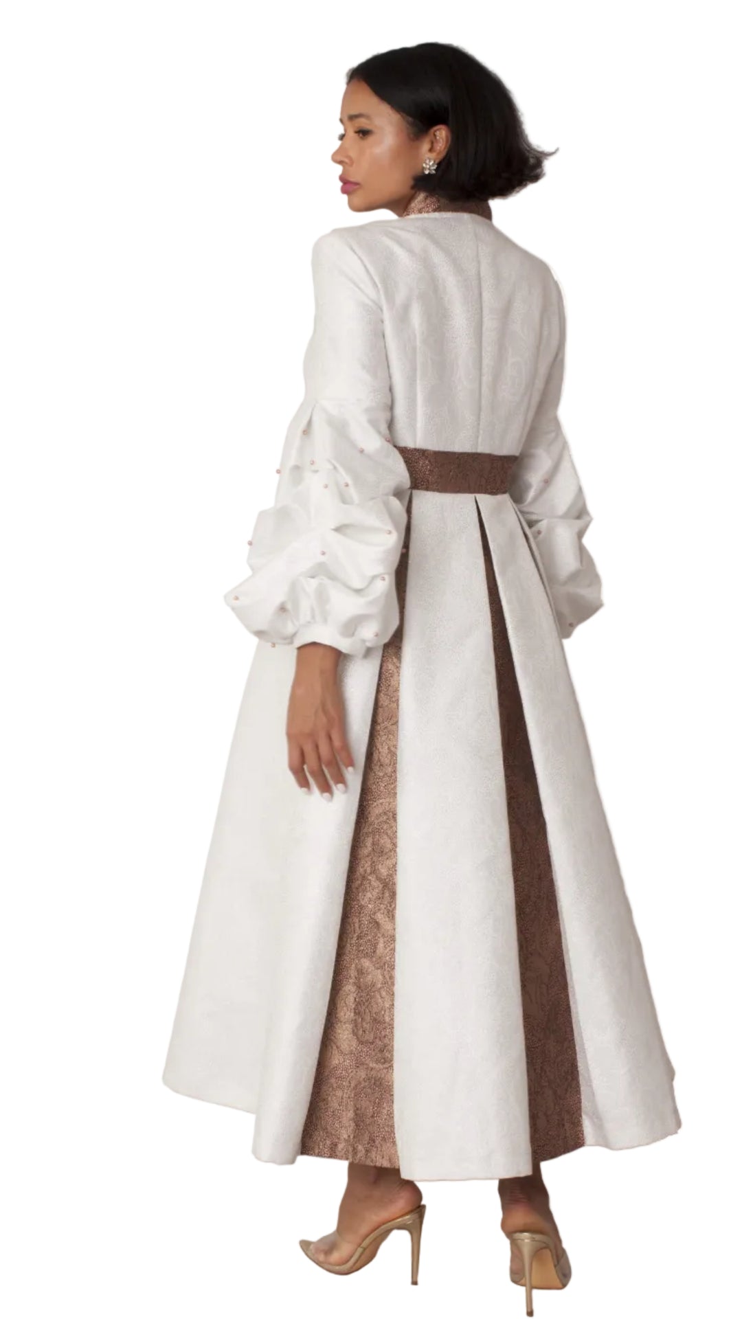 Plus Size Formal Church Coat Dress with Puff Sleeves and Pearl Cross – 4850W