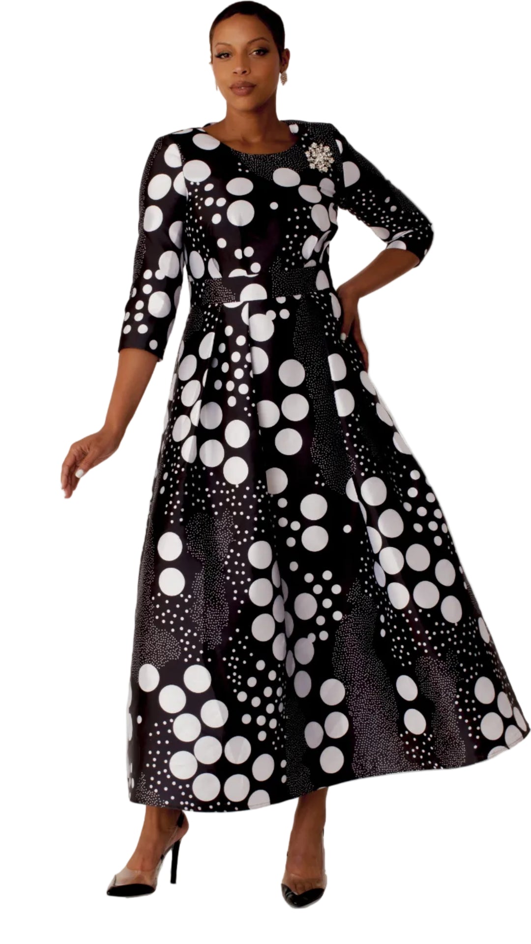 Plus Size Satin Dress with Rhinestone Brooch -4497W