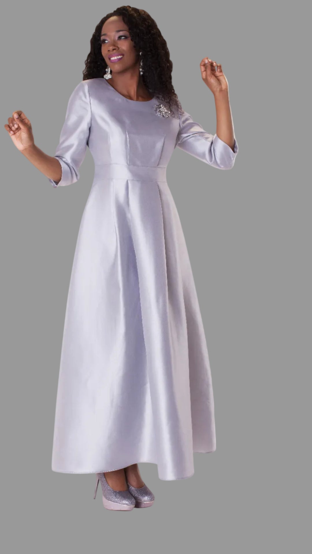 Plus Size Satin Dress with Rhinestone Brooch -4497W